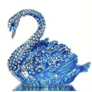 Beautiful Rhinestone Metal And Enamel Blue Swan Trinket Box